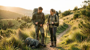 Un homme et une femme randonneurs préparent leurs sacs à dos et leur équipement sur un sentier naturel baigné par la lumière dorée du lever du soleil.