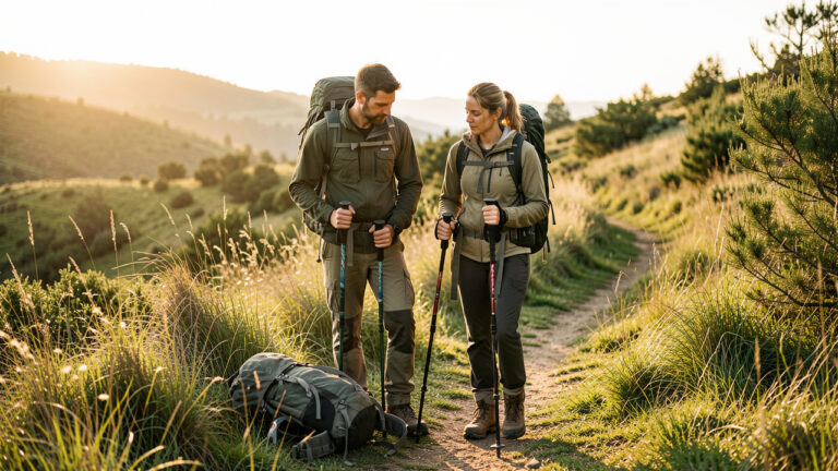 Un homme et une femme randonneurs préparent leurs sacs à dos et leur équipement sur un sentier naturel baigné par la lumière dorée du lever du soleil.