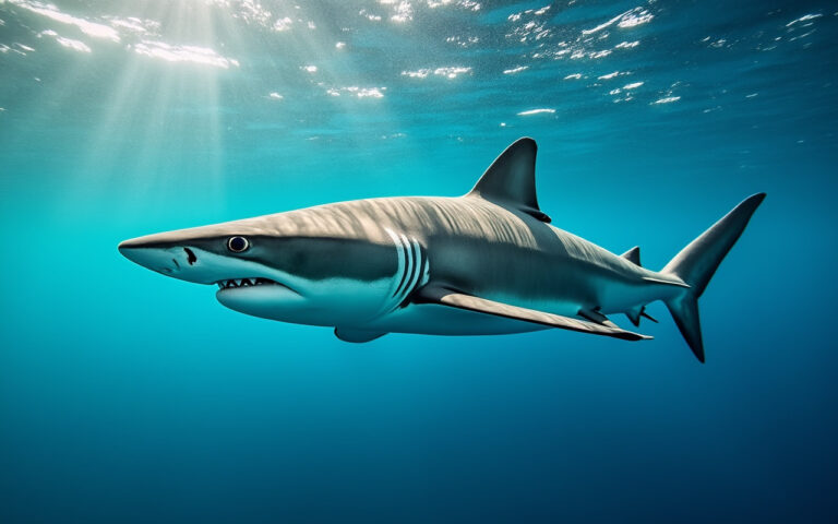 Un requin nageant gracieusement dans une eau cristalline et bleue, entouré d'un environnement sous-marin serein.