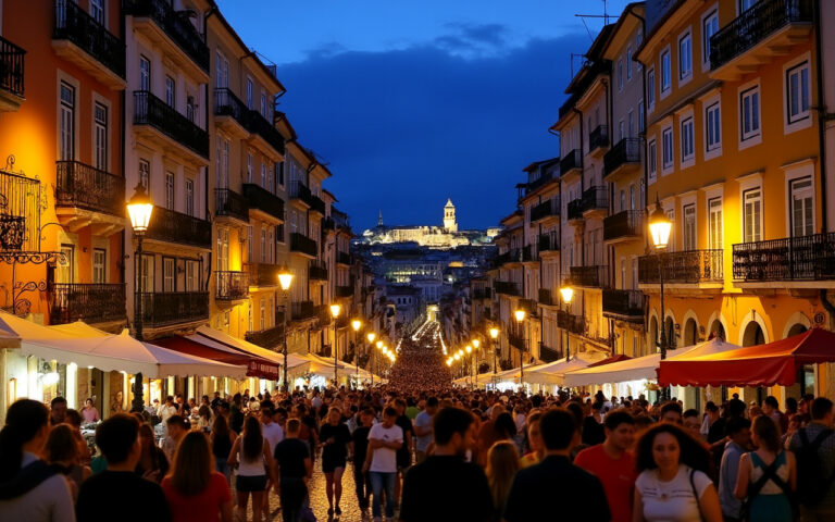 Une rue animée du Bairro Alto la nuit, remplie de gens, avec une ambiance vibrante accentuée par la lumière des lampadaires, des pavés reflétant la lumière et des gouffres de couleurs profondes dans le ciel.