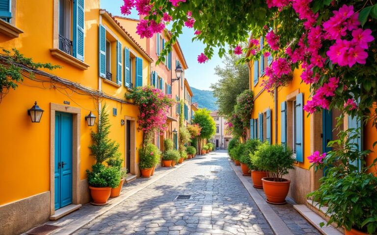 Une rue pittoresque à Ajaccio, Corse, avec des bâtiments colorés, de la bougainvillée en fleurs et une lumière du soleil créant une atmosphère chaleureuse et accueillante.