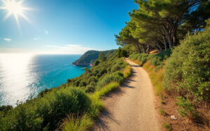 Un magnifique sentier côtier dans le Var, entouré de verdure luxuriante et baigné par la lumière du soleil, avec des vues panoramiques sur la mer et des vagues douces en arrière-plan.