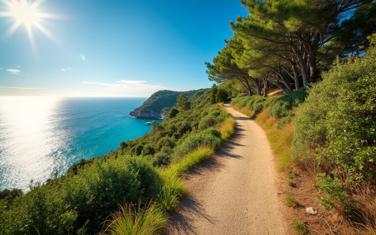 Un magnifique sentier côtier dans le Var, entouré de verdure luxuriante et baigné par la lumière du soleil, avec des vues panoramiques sur la mer et des vagues douces en arrière-plan.