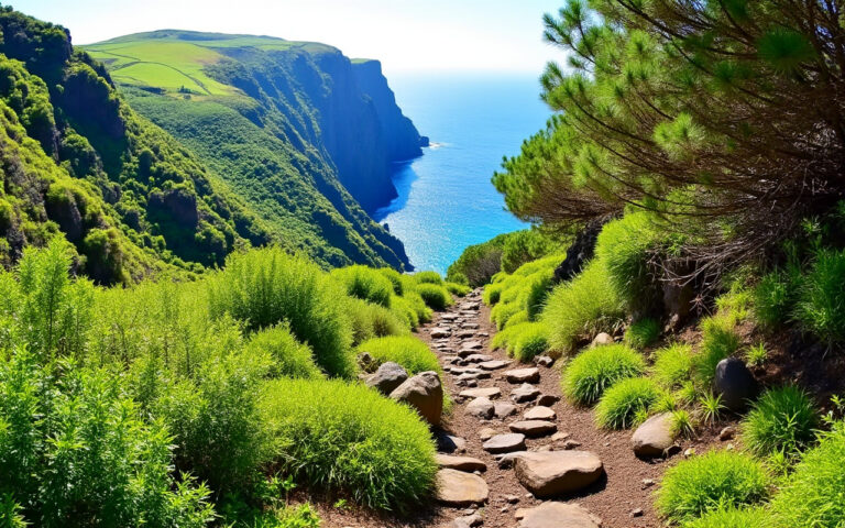 Un sentier de randonnée dans les Açores, entouré de végétation luxuriante et de falaises impressionnantes, avec l'océan bleu en arrière-plan et la lumière du soleil filtrant à travers les arbres.