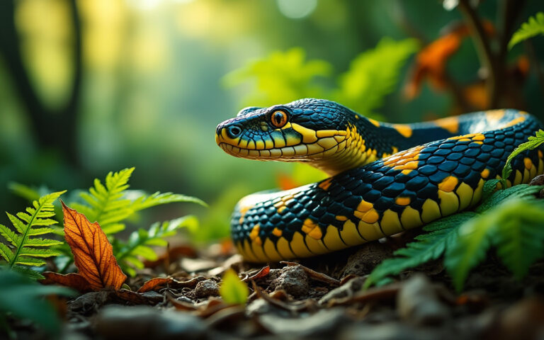 Un serpent se faufilant dans une forêt luxuriante, entouré de fougères et de feuilles tombées, avec la lumière du soleil filtrant à travers les arbres.