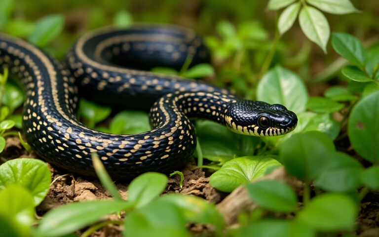 Un serpent noir mamba se faufilant dans la végétation luxuriante d'un environnement naturel, mettant en valeur son corps agile et ses motifs distinctifs sous un soleil filtrant à travers les feuilles.