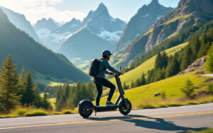 Une trottinette électrique en train de naviguer à travers les montagnes, entourée de paysages verdoyants et de sommets majestueux, baignée dans une douce lumière du soleil.
