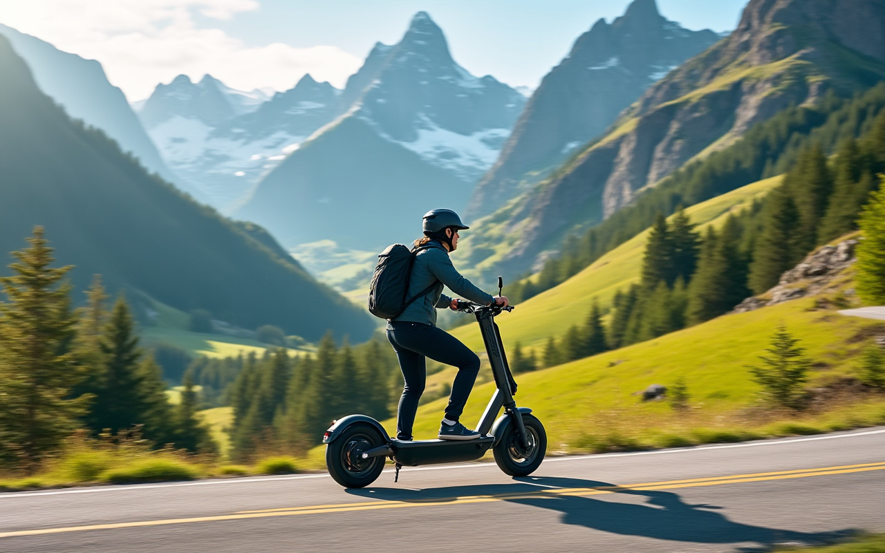 Une trottinette électrique en train de naviguer à travers les montagnes, entourée de paysages verdoyants et de sommets majestueux, baignée dans une douce lumière du soleil.