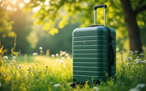 Une valise écologique posée sur une pelouse verdoyante, entourée d'arbres et de fleurs, sous un soleil radieux filtrant à travers les feuilles.