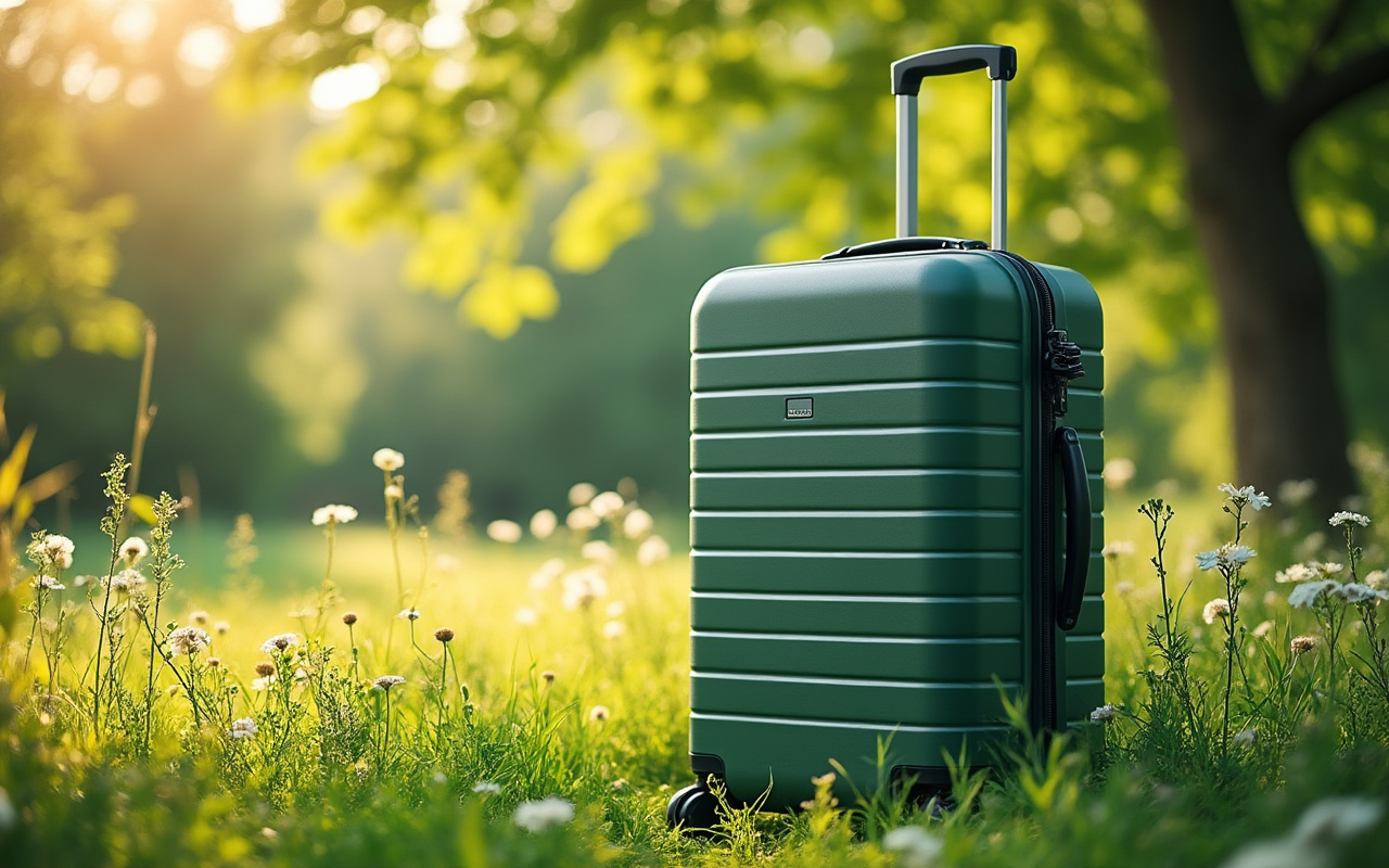 Une valise écologique posée sur une pelouse verdoyante, entourée d'arbres et de fleurs, sous un soleil radieux filtrant à travers les feuilles.