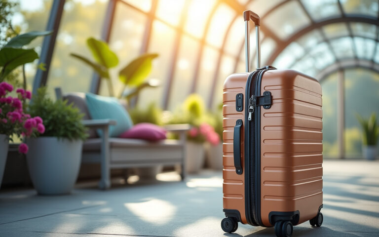 Une valise élégante sans fermeture éclair, placée dans un cadre de voyage. L'image montre la valise sous un éclairage doux, mettant en valeur son design unique et son utilité dans un environnement de voyage.