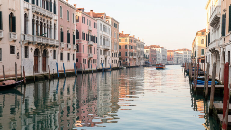 Vue matinale paisible de Venise depuis un canal calme, avec des palais vénitiens reflétés dans l’eau, un vaporetto au loin et une douce lumière printanière.