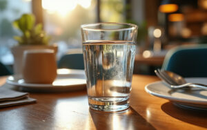 Un verre d'eau sur une table de restaurant, avec des reflets doux sur le verre et une ambiance chaleureuse entourant la scène.