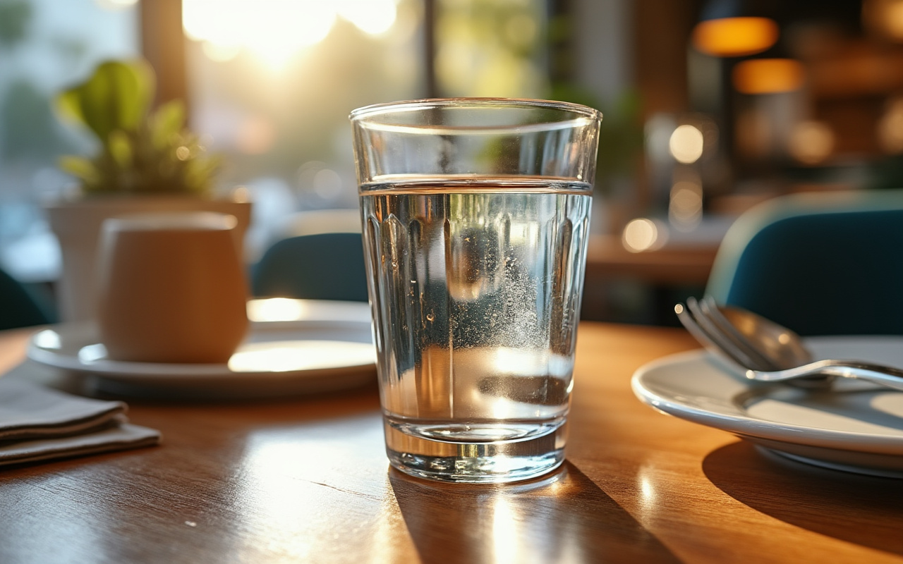 Un verre d'eau sur une table de restaurant, avec des reflets doux sur le verre et une ambiance chaleureuse entourant la scène.