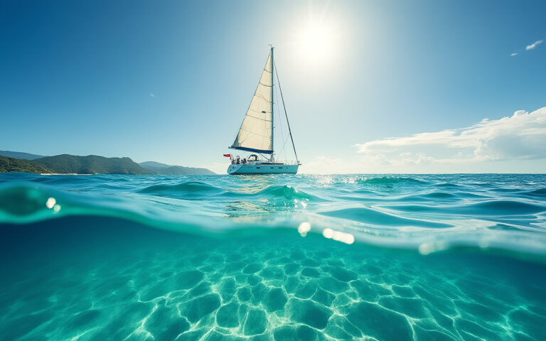 Un voilier naviguant sur des eaux turquoise, sous un doux soleil, créant une atmosphère paisible et sereine.