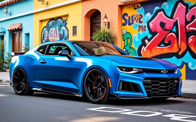 Une voiture avec un revêtement en vinyle bleu garée dans une rue vibrante et colorée, entourée de murs en graffiti et de façades joyeuses, sous un éclairage naturel.