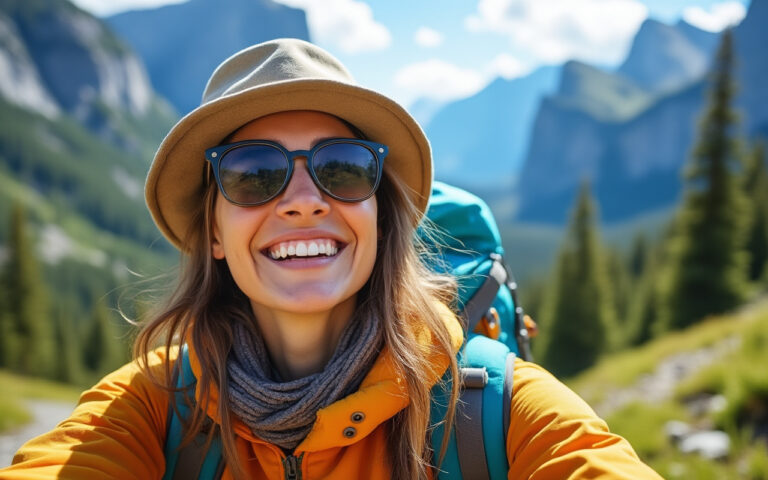 Un voyageur heureux explorant des paysages magnifiques, avec un grand sourire, entouré de montagnes majestueuses et d'une verdure luxuriante.