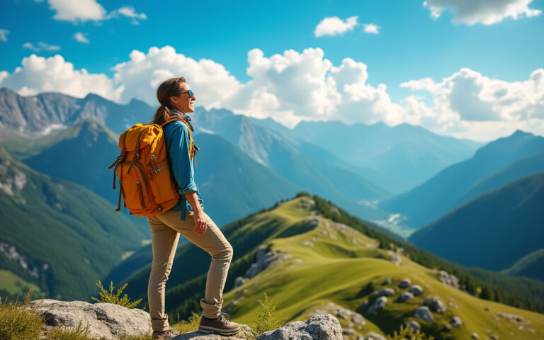 Un voyageur heureux portant un sac à dos se tient au sommet d'une montagne, admirant une vallée verdoyante sous un ciel bleu, baigné de lumière chaude et accueillante.