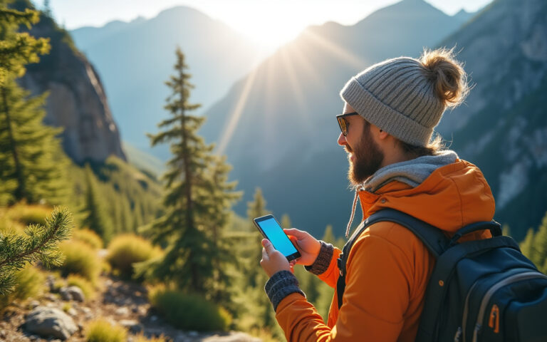 Un voyageur utilisant un chargeur portable au milieu des montagnes, entouré de sommets escarpés et d'une verdure luxuriante, sous un soleil éclatant filtrant à travers les arbres.