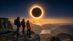 Deux femmes et un homme observent une éclipse solaire totale depuis une falaise escarpée du nord de la péninsule Ibérique, dans une lumière crépusculaire réaliste.
