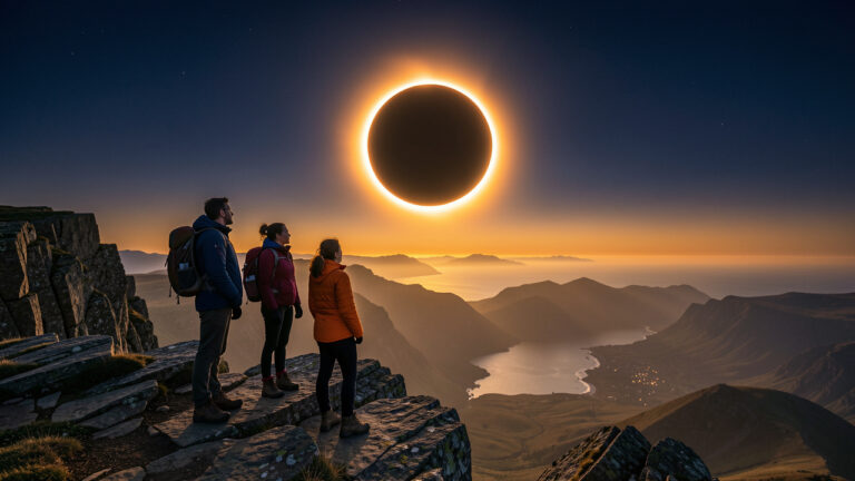 Deux femmes et un homme observent une éclipse solaire totale depuis une falaise escarpée du nord de la péninsule Ibérique, dans une lumière crépusculaire réaliste.