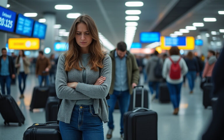 Des voyageurs frustrés à l'aéroport, affichant des expressions de fatigue et d'anxiété, entourés de bagages et d'écrans affichant des vols retardés.