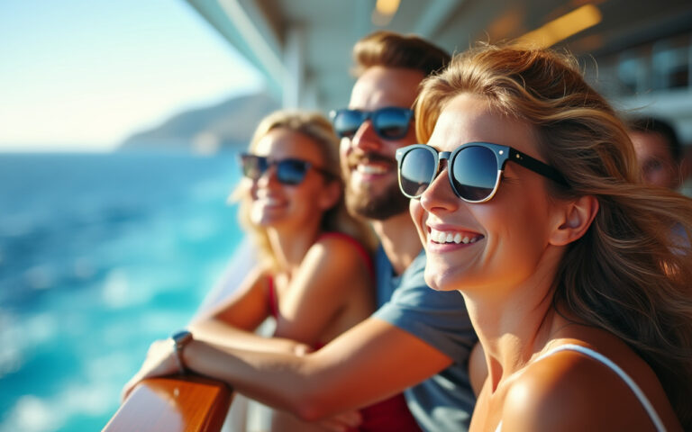 Un groupe de voyageurs heureux sur le pont d'un bateau de croisière, souriants et appréciant la vue sur l'océan, sous un soleil éclatant.
