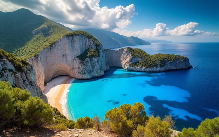Vue impressionnante de la côte de la Corse, avec des eaux cristallines, des falaises escarpées et une végétation méditerranéenne verdoyante sous un soleil éclatant.
