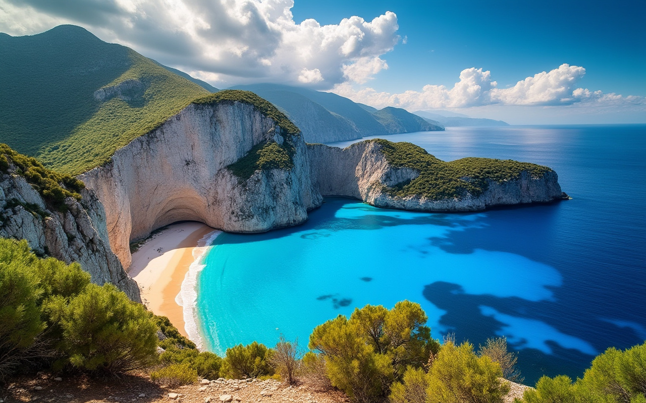 Vue impressionnante de la côte de la Corse, avec des eaux cristallines, des falaises escarpées et une végétation méditerranéenne verdoyante sous un soleil éclatant.