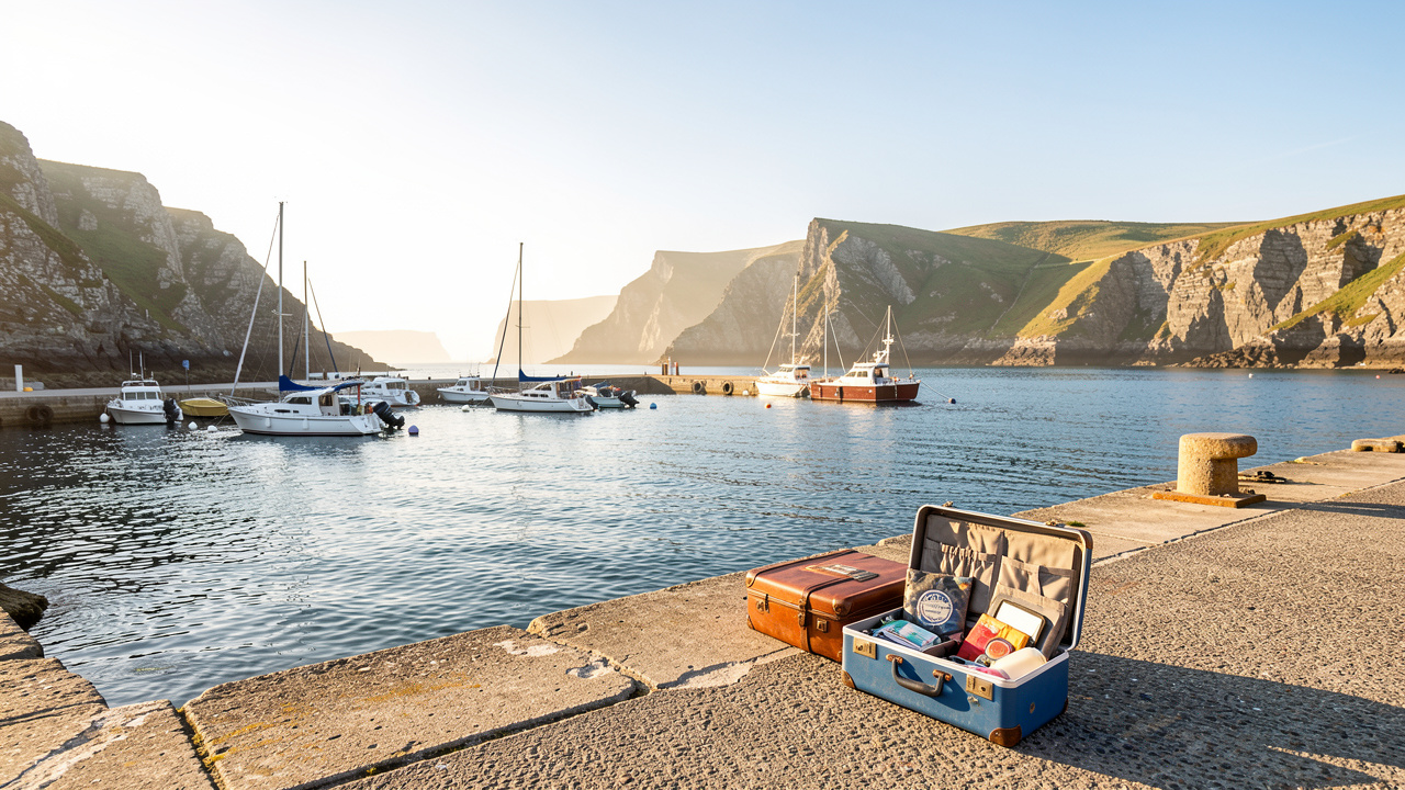 Vue lumineuse de la côte bretonne : petit port, falaises en arrière-plan, valises ouvertes sur le quai et ambiance de week-end marin.