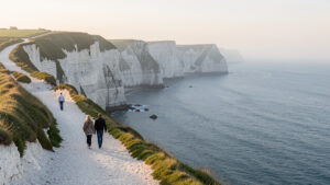 Vue matinale réaliste depuis le sentier de la falaise d’Amont à Étretat, avec une mer calme, des falaises de craie et quelques marcheurs espacés.