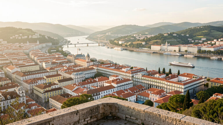 Vue panoramique matinale de Lisbonne depuis un miradouro, avec des toits pastel, le Tage lumineux et des collines verdoyantes.