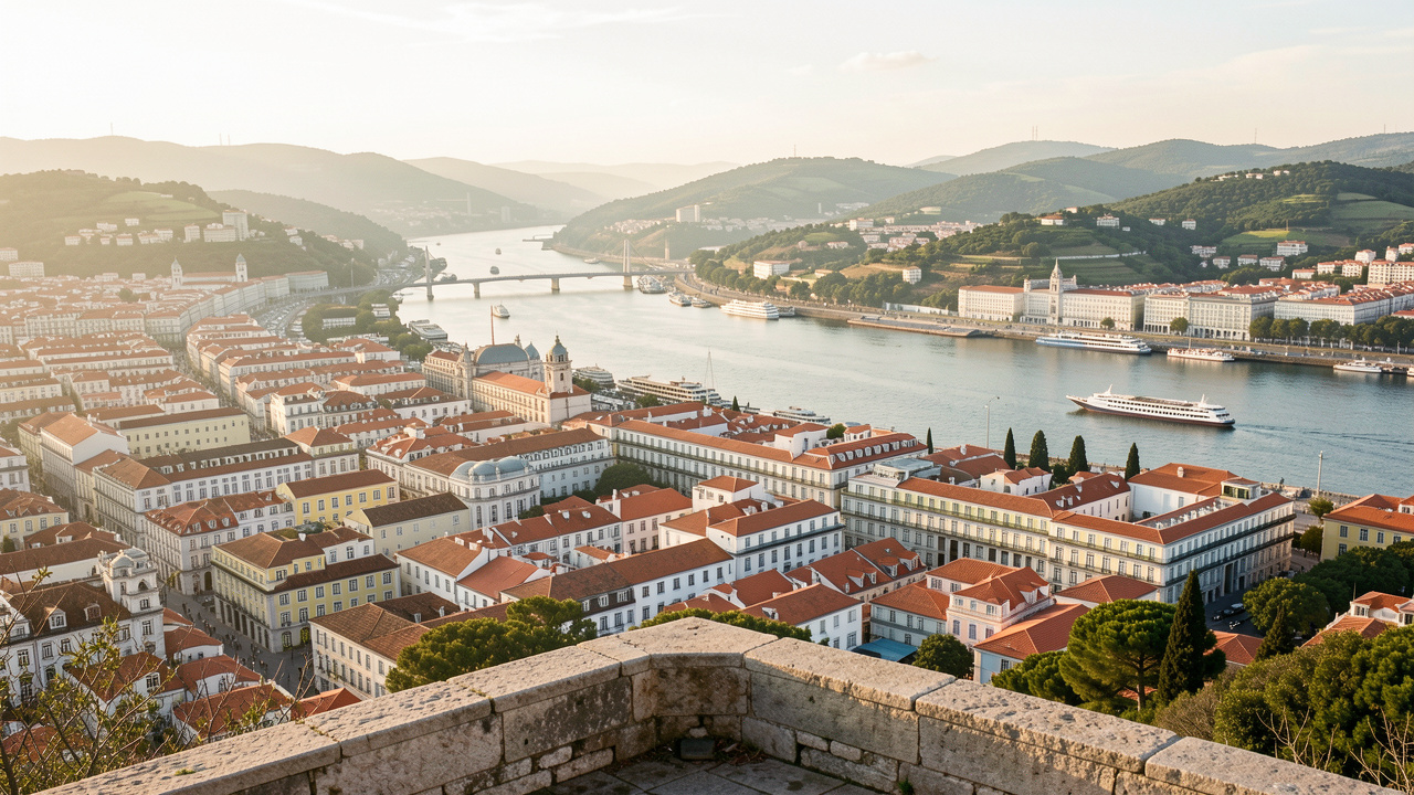 Vue panoramique matinale de Lisbonne depuis un miradouro, avec des toits pastel, le Tage lumineux et des collines verdoyantes.