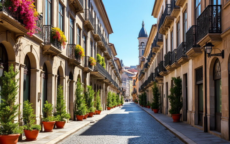 Vue de rue montrant l'architecture historique de Braga, avec des façades décoratives, des rues pavées, des balcons ornementés et des fleurs colorées sous une lumière vive d'après-midi.