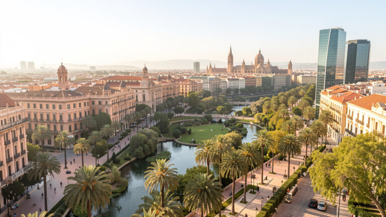 Vue ensoleillée de Valence, entre le centre historique, les jardins du Turia et des immeubles modernes, avec une lumière dorée et une atmosphère lumineuse.